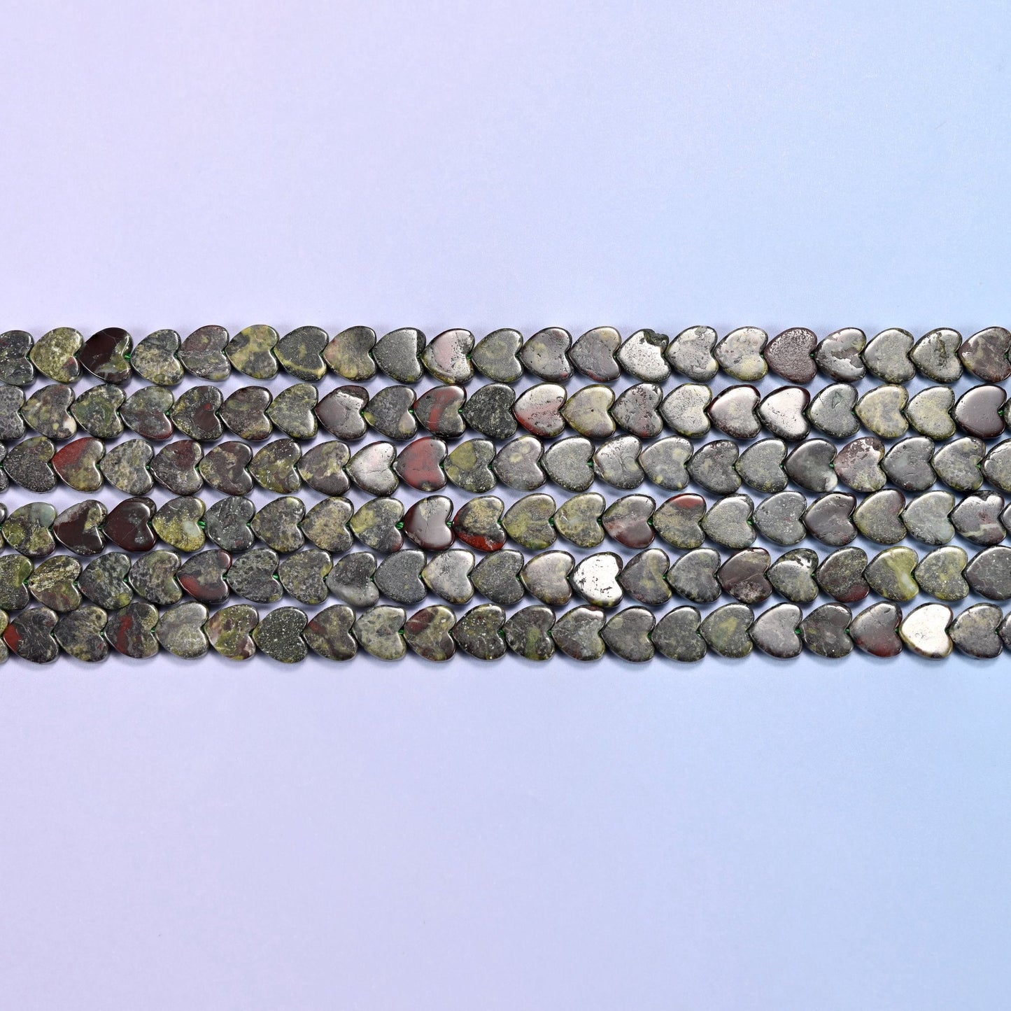 Dragon Bloodstone Flat Heart Beads in mottled olive green with brick red