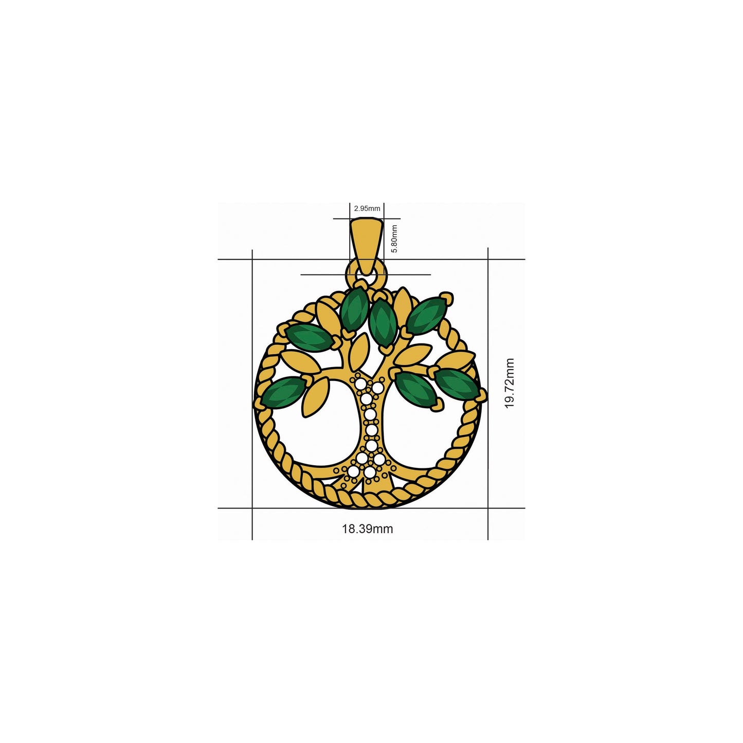 18K Gold Plated Brass Tree of Life Charm Pendant with green marquise zircon leaves, a clear zircon pave trunk, and an openwork round frame