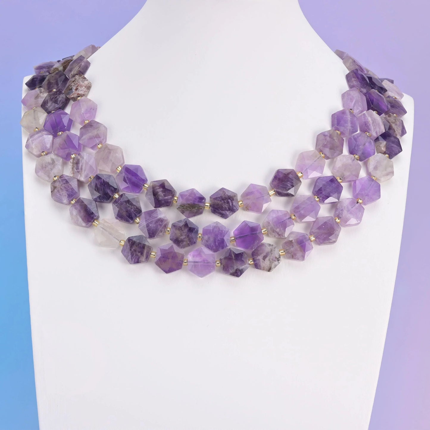 Amethyst beads, flat hexagon shape, 12mm.