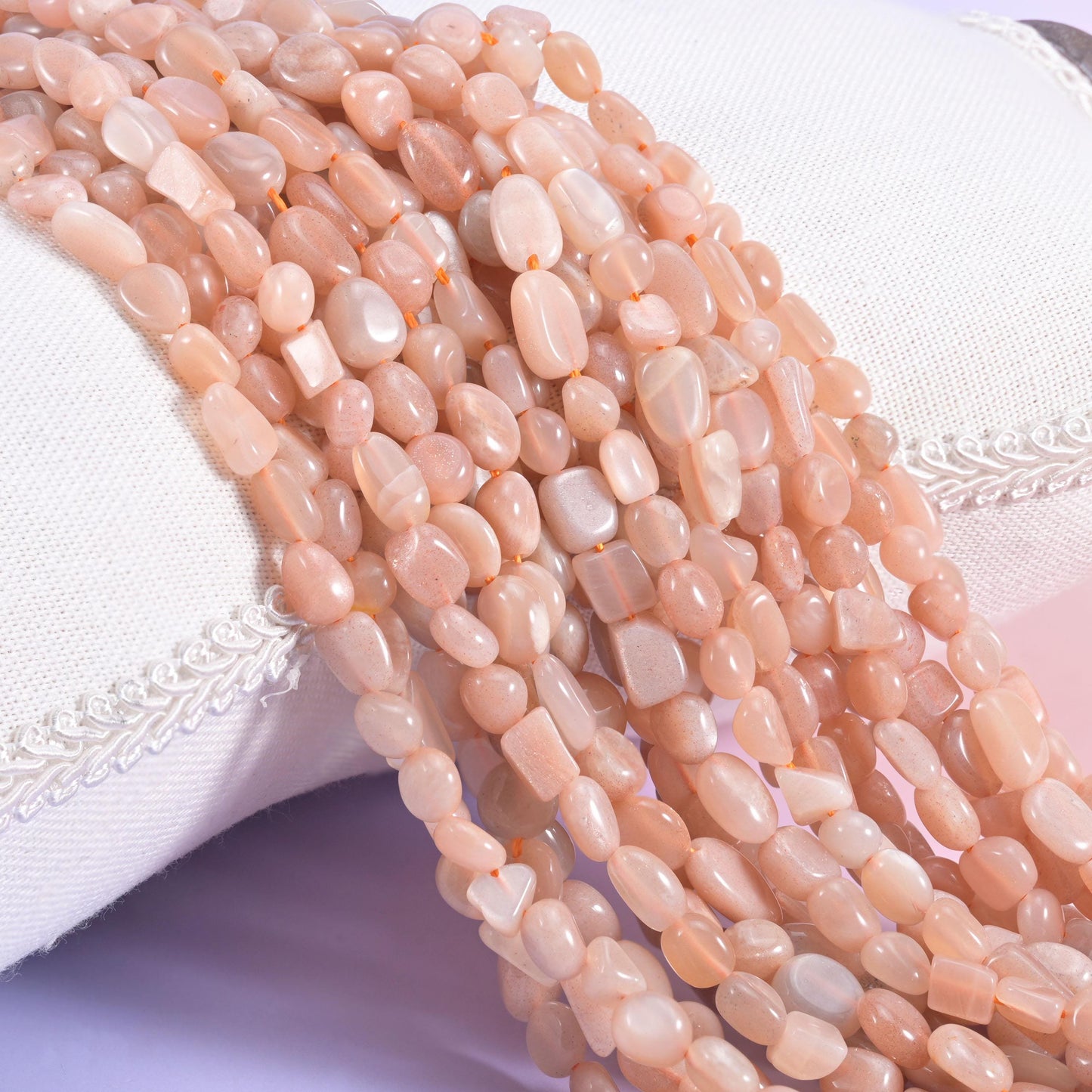 Peach Moonstone Pebble Nugget Beads, warm apricot and cream nuggets with a pearly shimmer