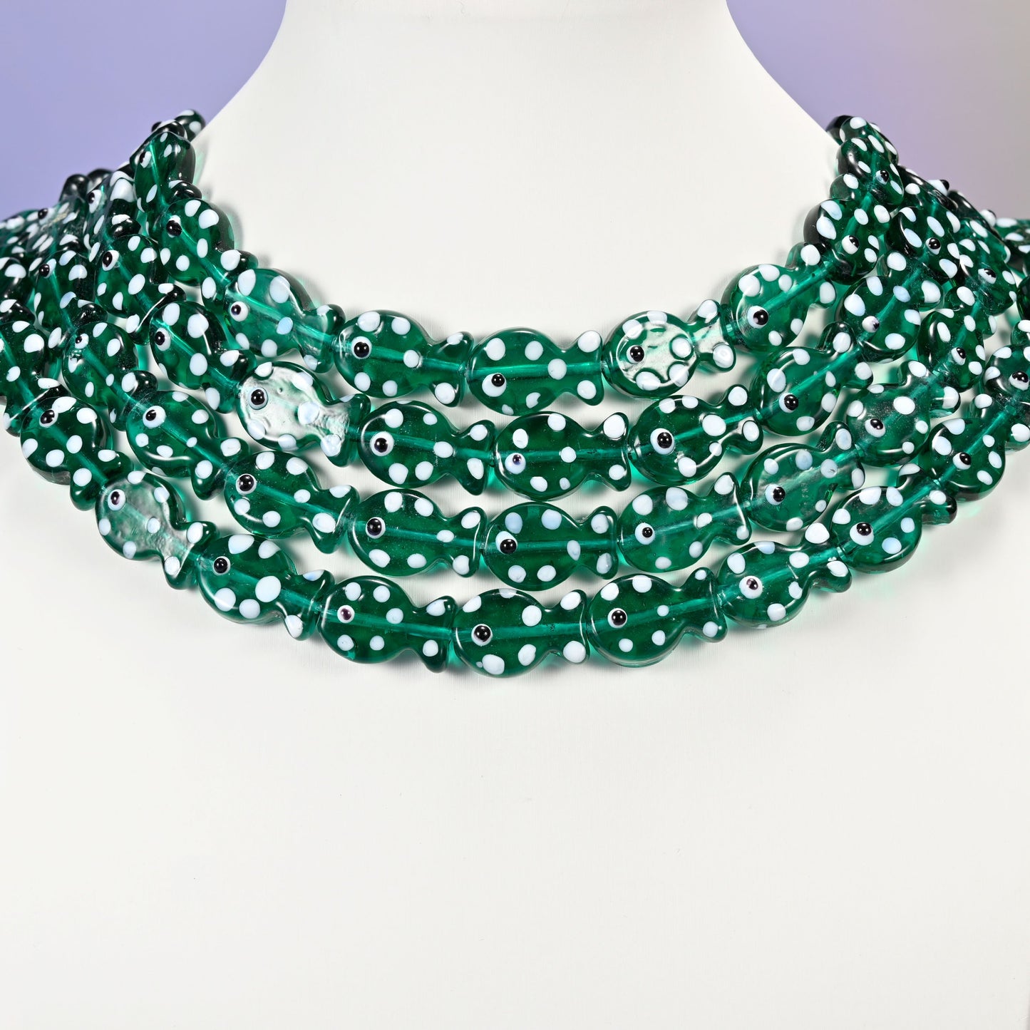 Transparent Jungle Green with White Dot Fish Glass Beads: Jewelry Making Supply