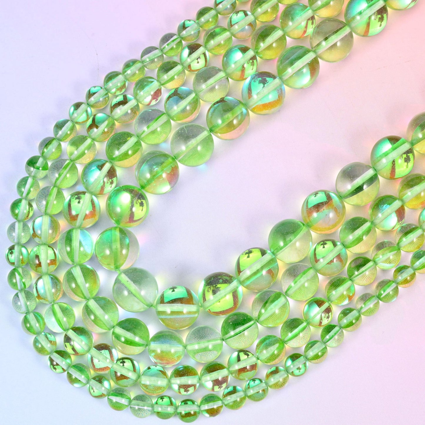 Mystic Aura Light Green Round Glass Beads, 15 inch strand