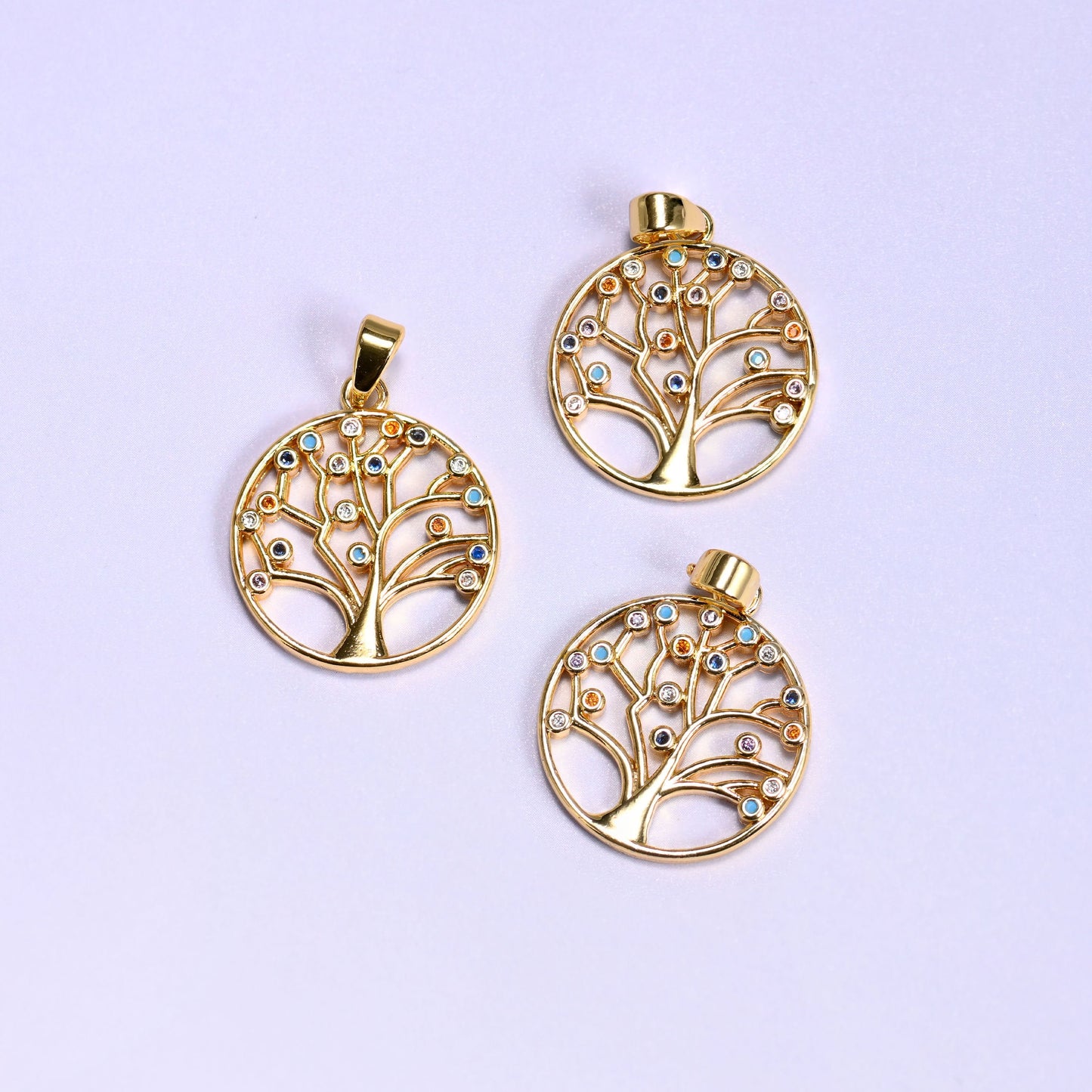 Round Tree of Life Multicolor Zircon Charms, bail approx 5.80mm x 2.95mm
