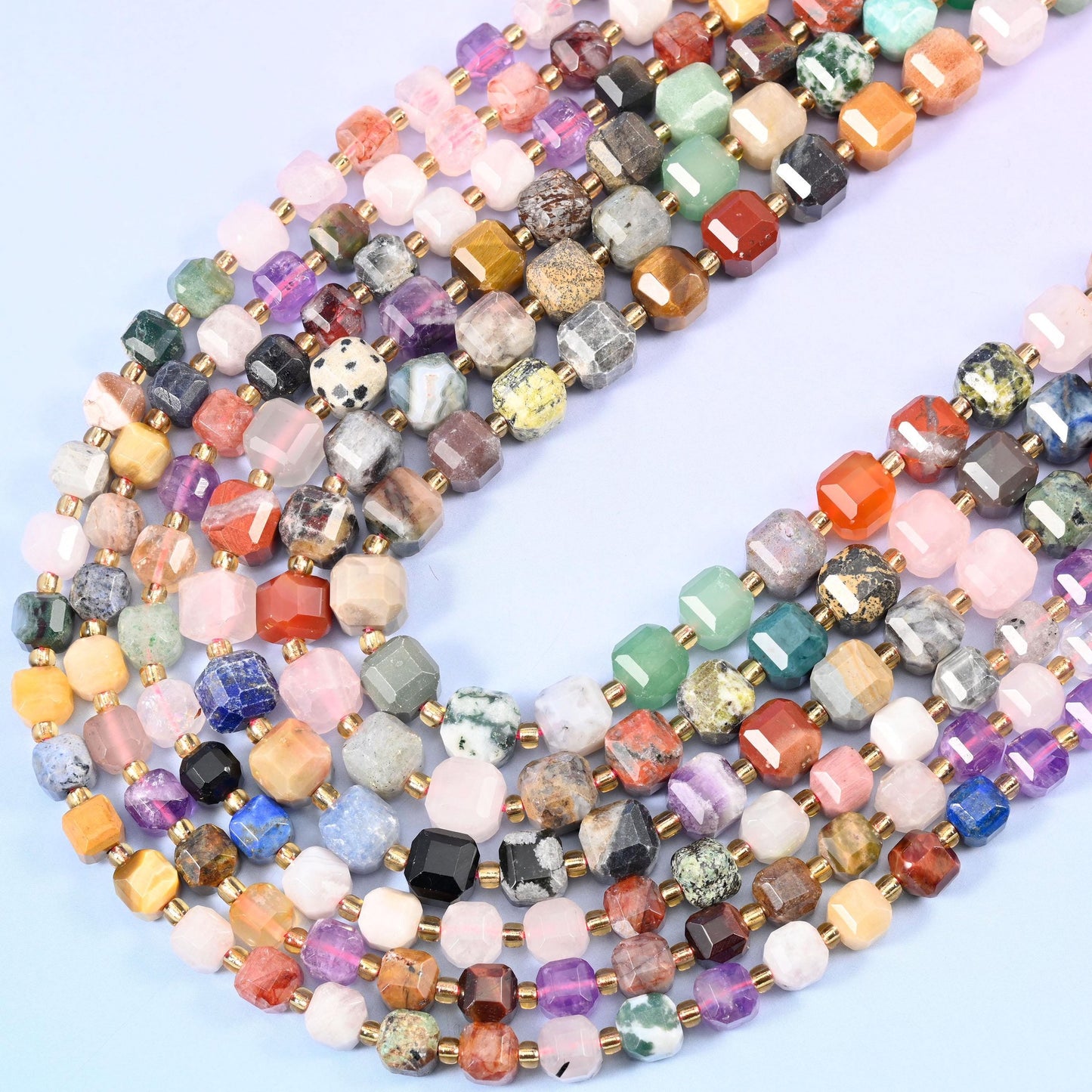 Assorted Gemstone Faceted Cube Beads 6mm 8mm, 15 inch strand
