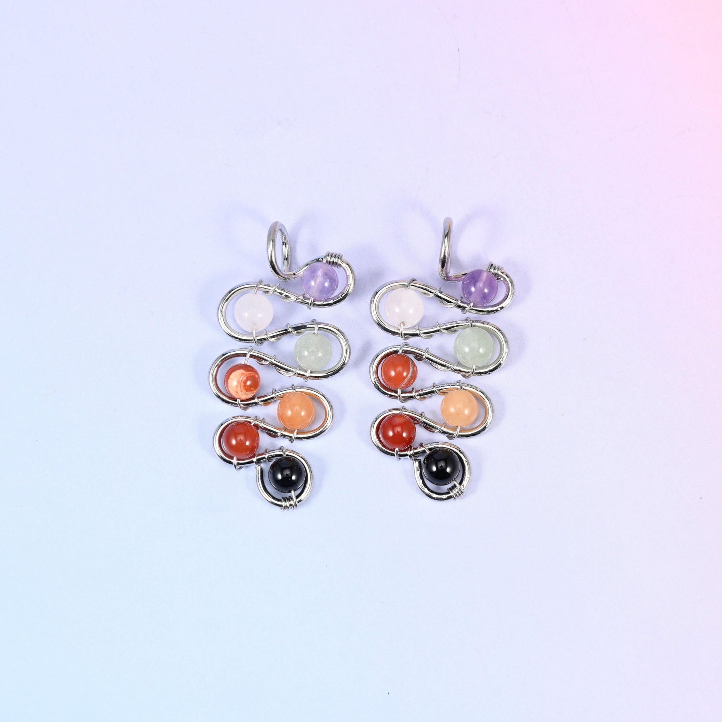 Wired Leaf Mixed Gemstone Swirl Pendant, 6mm beads