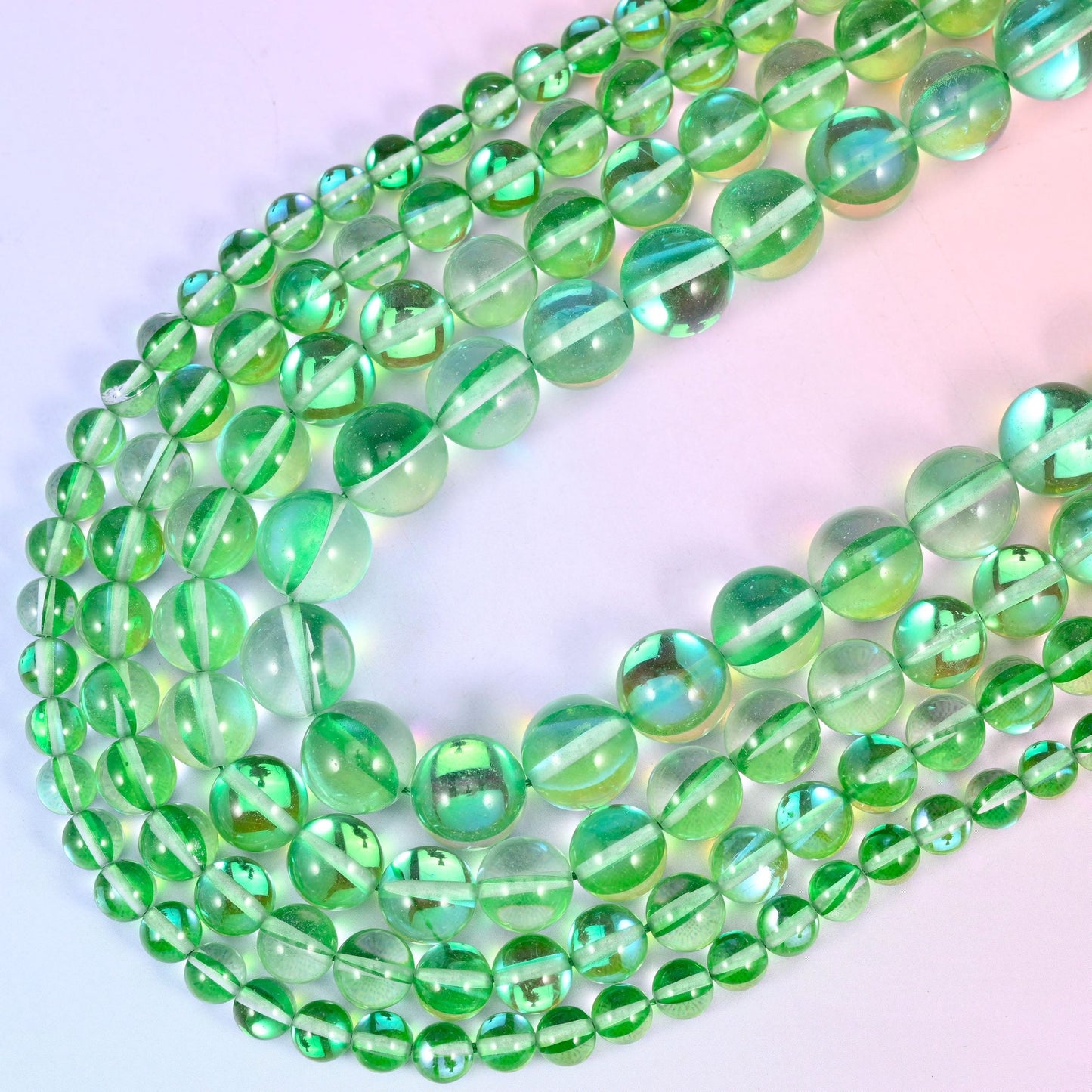 Mystic Aura Green Round Glass Beads, 15 inch strand