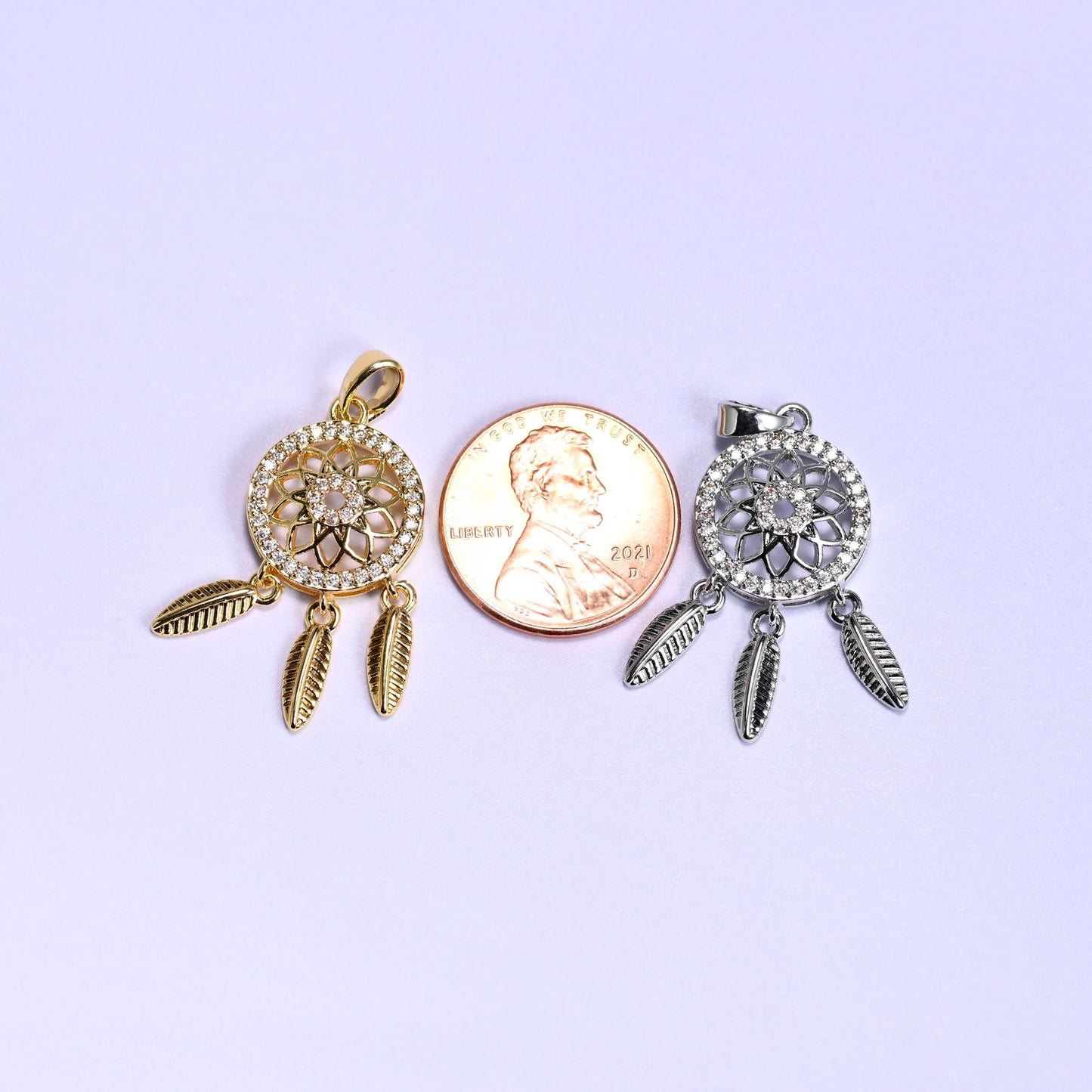 Dream Catcher Zircon Charms with an openwork floral medallion and dangling feather charms