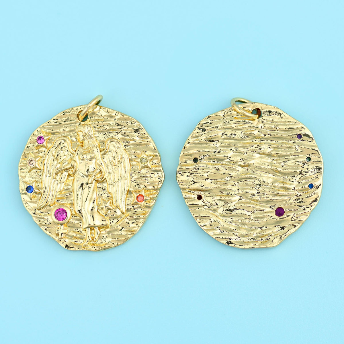 18K gold plated zodiac pendant with a winged figure motif, front and back views