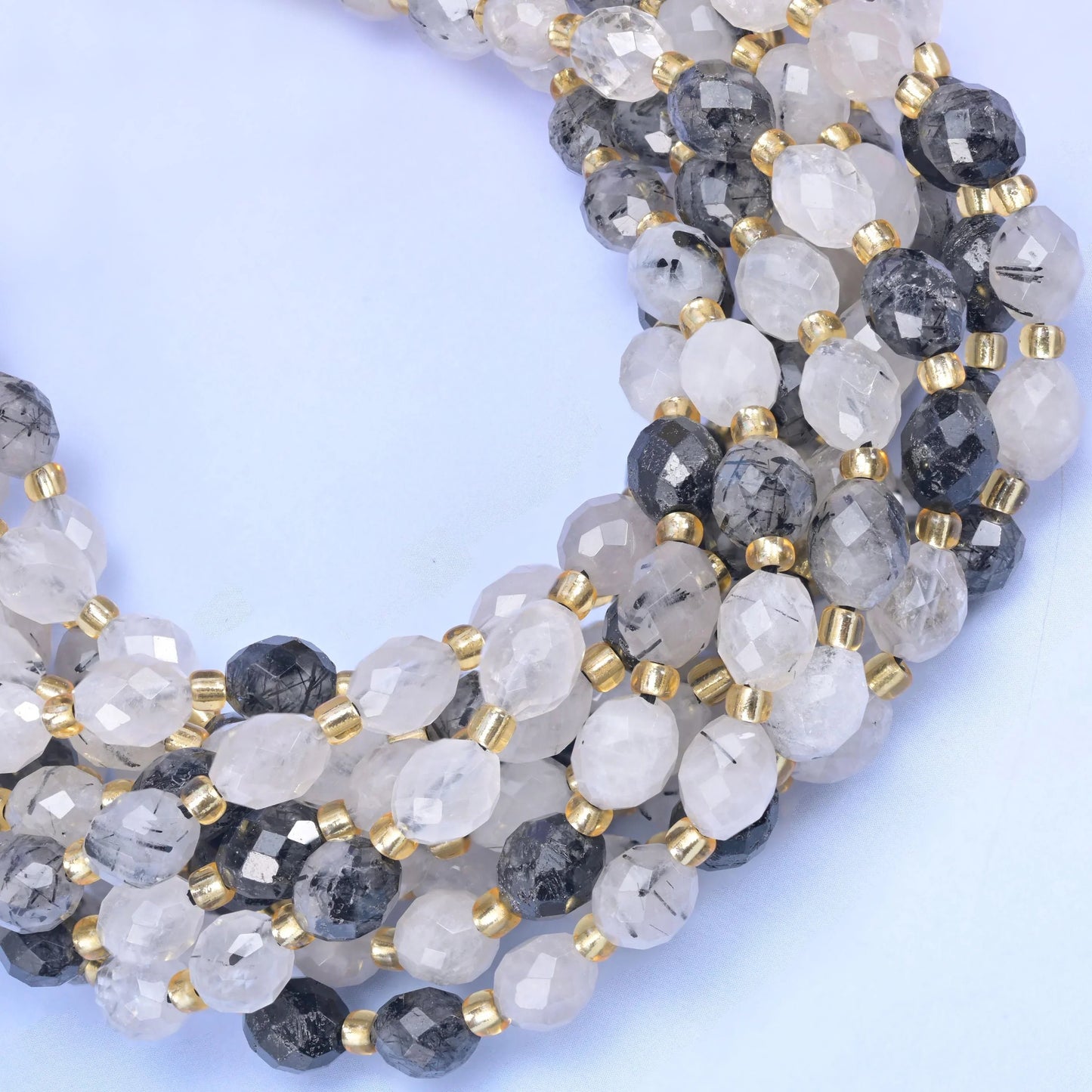Black Rutilated Quartz Faceted Rice Barrel Beads 6x8mm, hole approximately 1.0mm with a possible variation of +/- 0.2mm