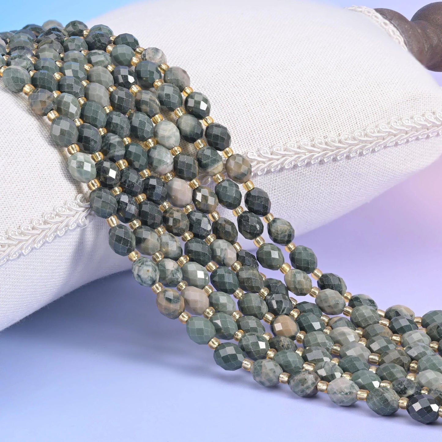 Green Rhodonite Faceted Rice Barrel Beads