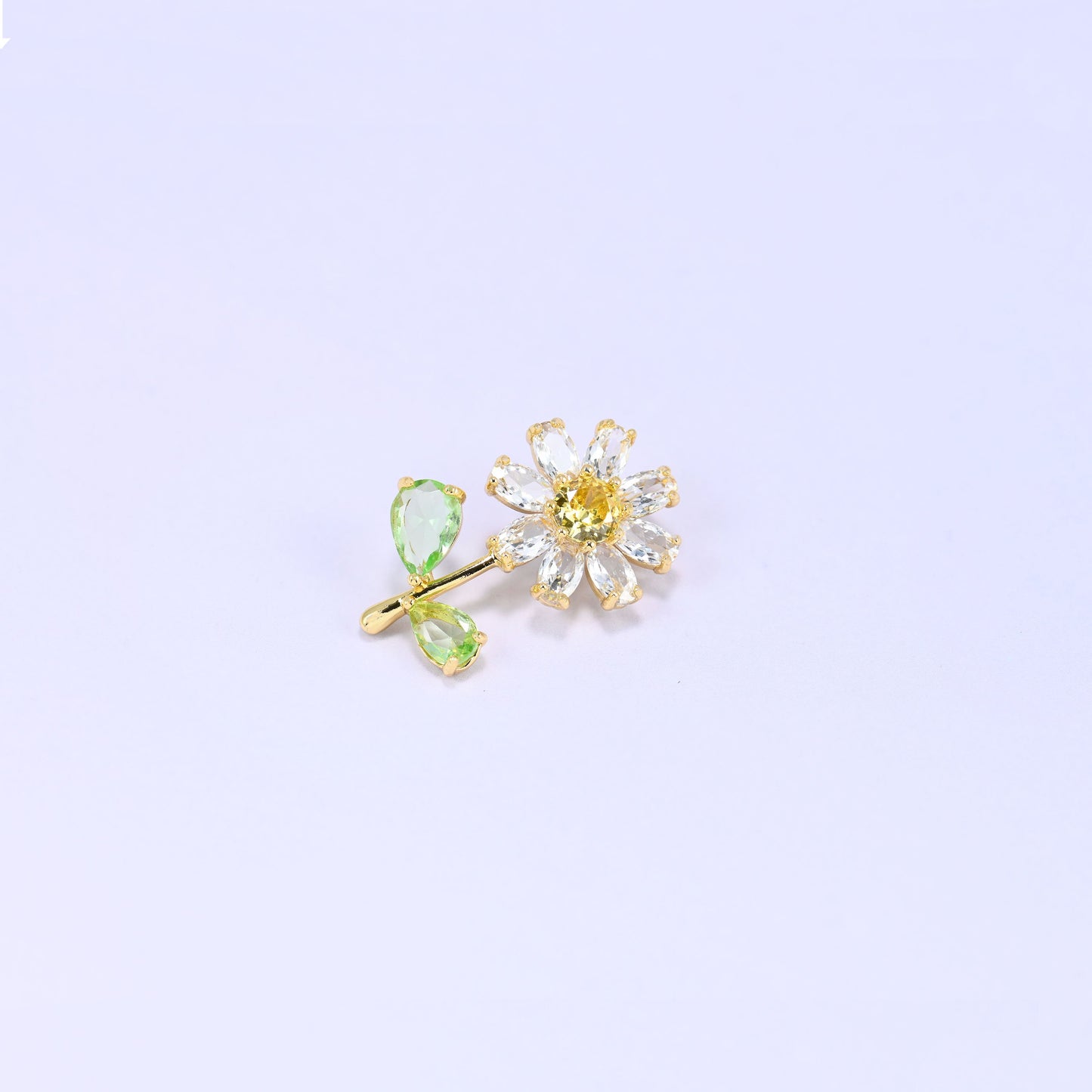 Daisy Flower Green Leaves Zircon Charms: 18K Gold Plated, Jewelry Making Supply