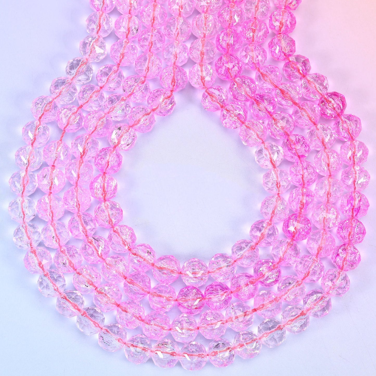 Transparent pink faceted round glass beads, hole approximately 1.5mm