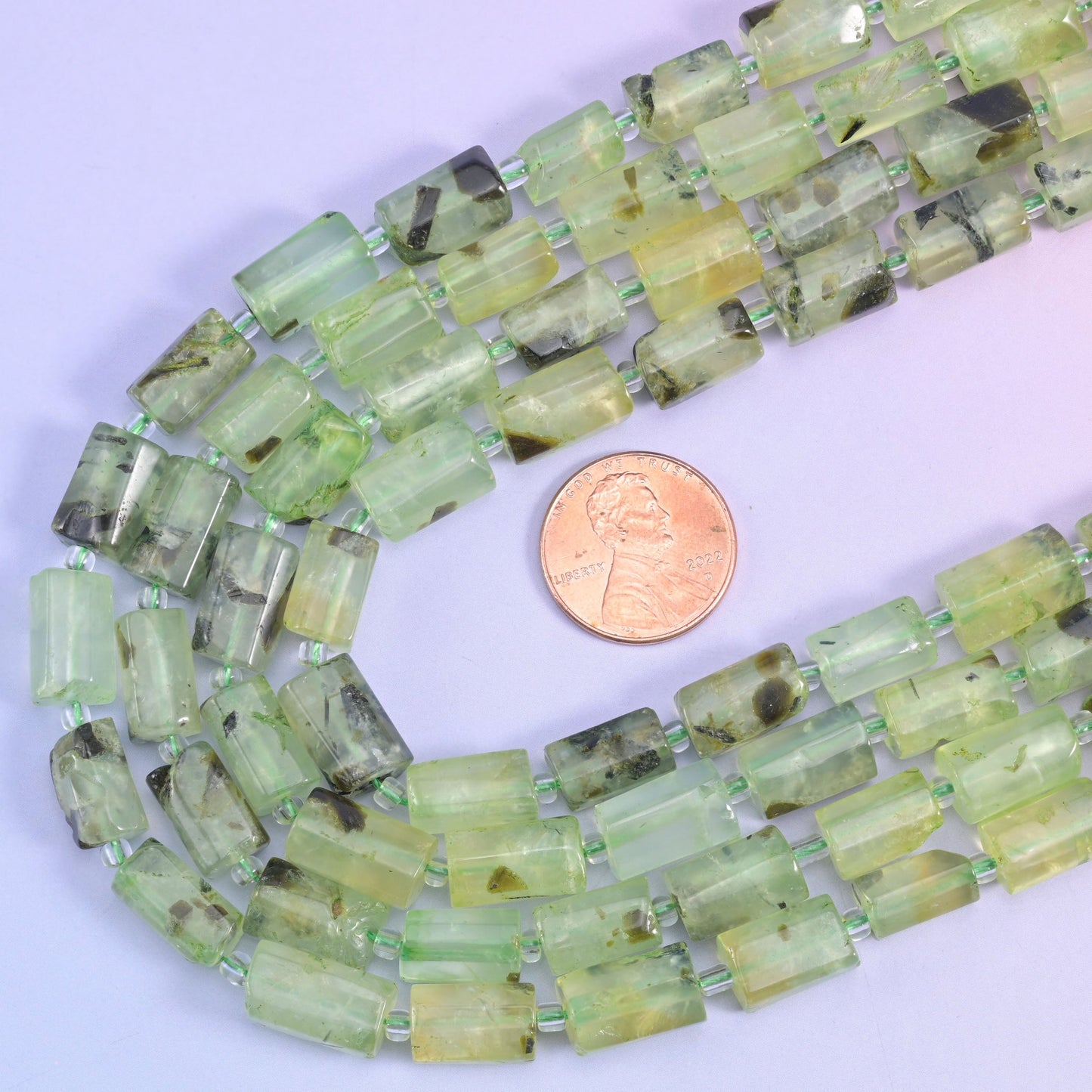 Prehnite faceted tube beads, 15.5 inch strand