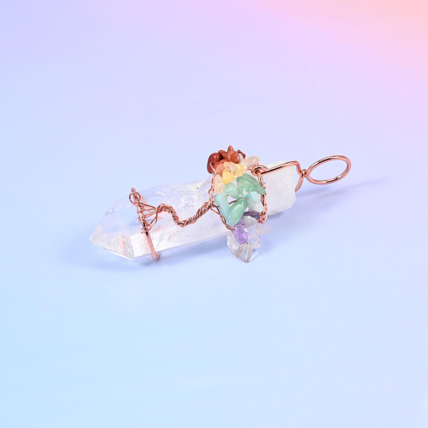 Clear Quartz Single Point Tower Pendant in milky-to-clear quartz with green, violet, amber or rust gemstone chips