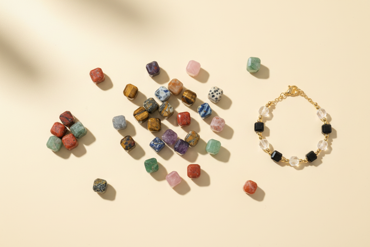 Colorful faceted cube gemstone beads arranged beside a minimalist bracelet in an overhead jewelry-making scene