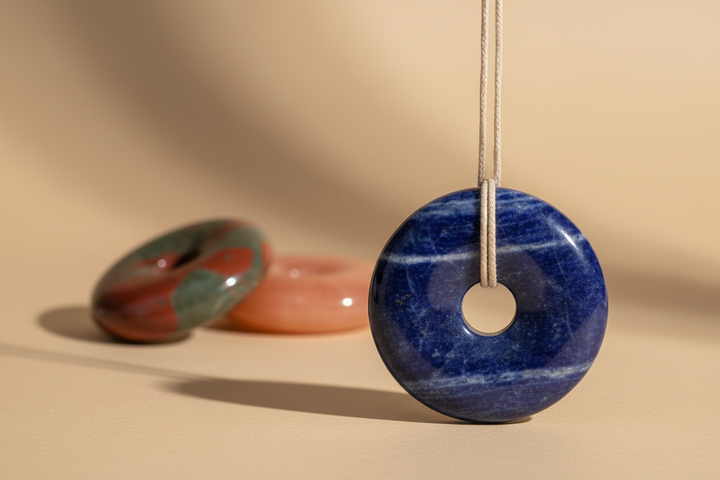 Polished blue sodalite crystal donut hanging on a cord beside two other donut pendants