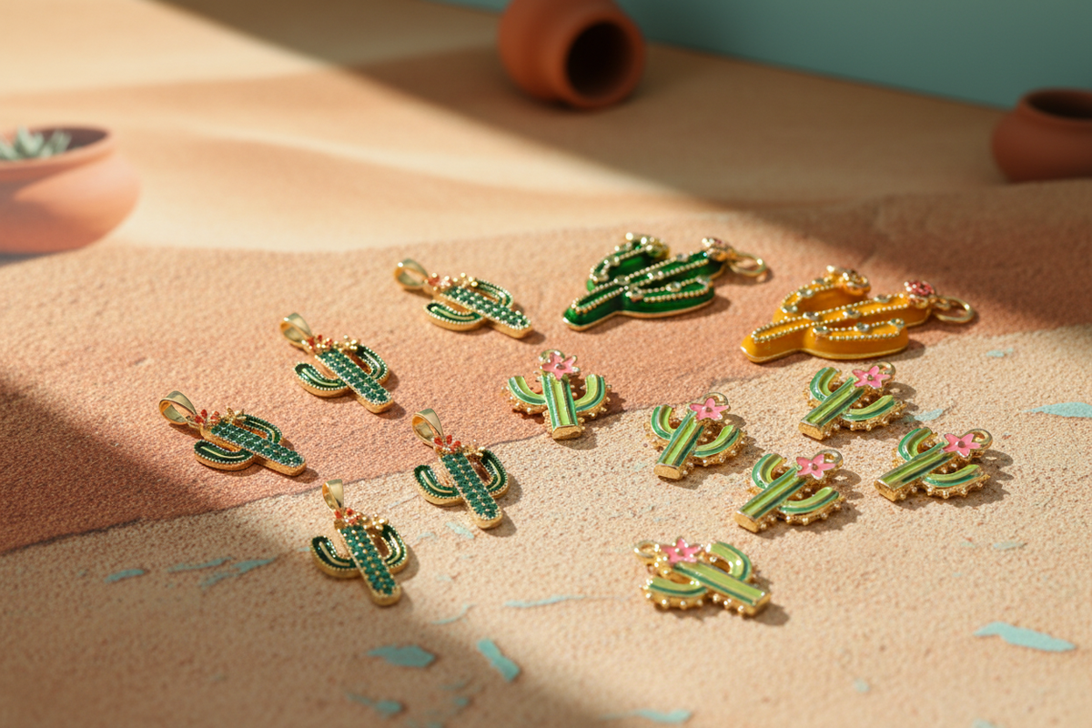Gold-plated enamel and zirconia cactus charms in an Arizona-inspired jewelry-making scene
