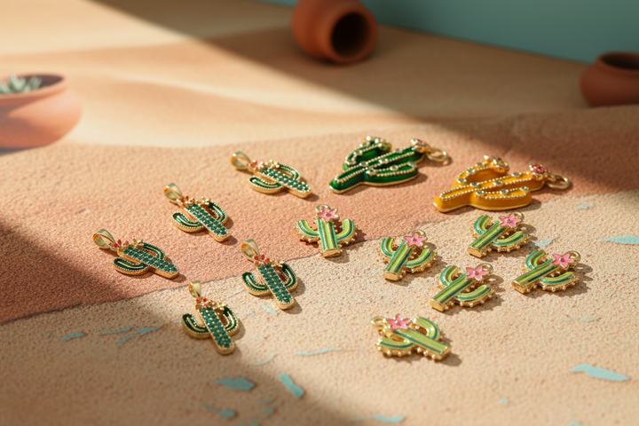 Gold-plated enamel and zirconia cactus charms in an Arizona-inspired jewelry-making scene