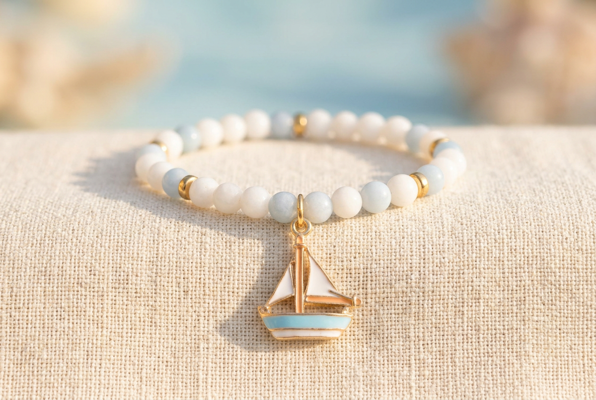 Blue and white beaded bracelet with a gold-tone enamel sailboat charm and matching spacers on ivory linen