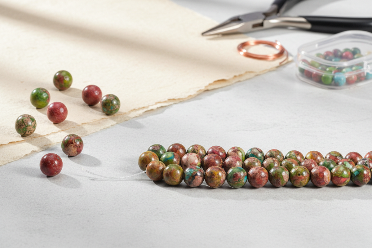 Dyed sea sediment jasper beads in turquoise, red, green, purple, and brown arranged with jewelry-making tools
