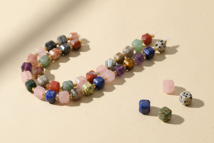 Faceted cube gemstone beads in mixed colours strung into a double strand, with loose cube beads on a cream surface