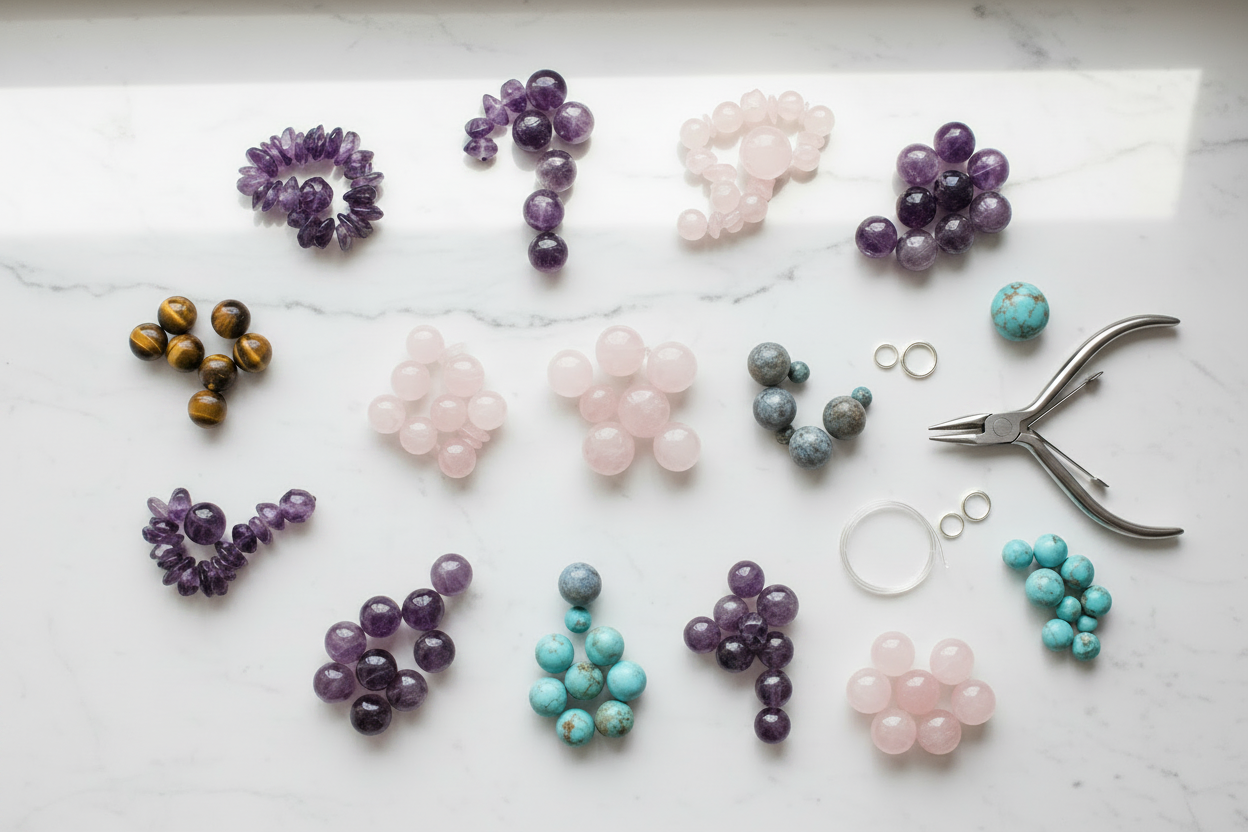Natural gemstone beads including amethyst, rose quartz, labradorite, turquoise and tiger's eye arranged on white marble surface