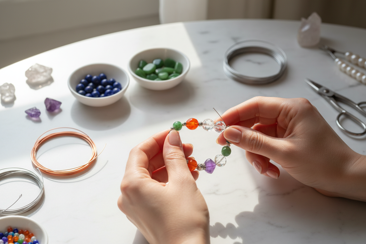 Hands stringing gemstone beads onto a bracelet at a table set with bowls of beads, copper wire and scissors