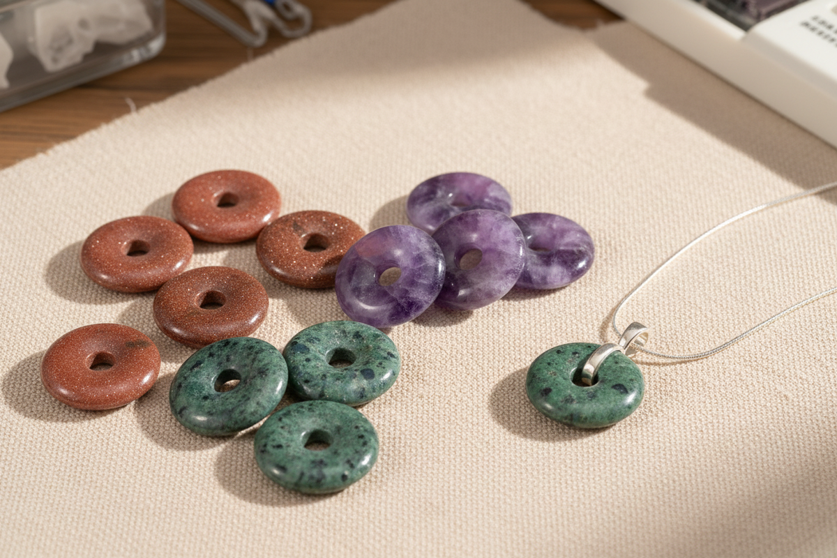 Polished natural crystal donut beads in pink, purple, and green arranged beside a lightweight gemstone pendant