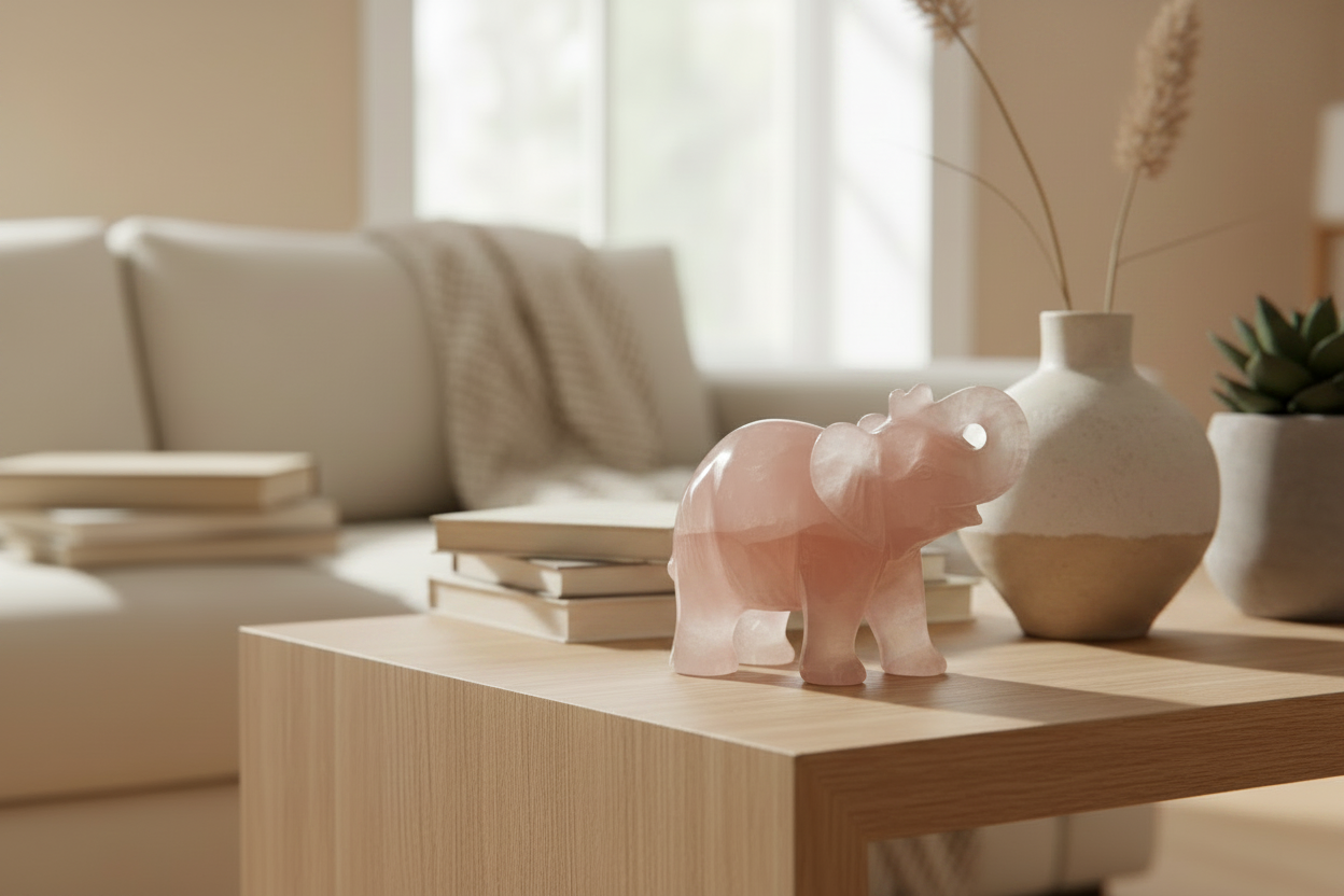 Rose quartz elephant figurine on a living room coffee table beside a vase, stacked books and a small plant