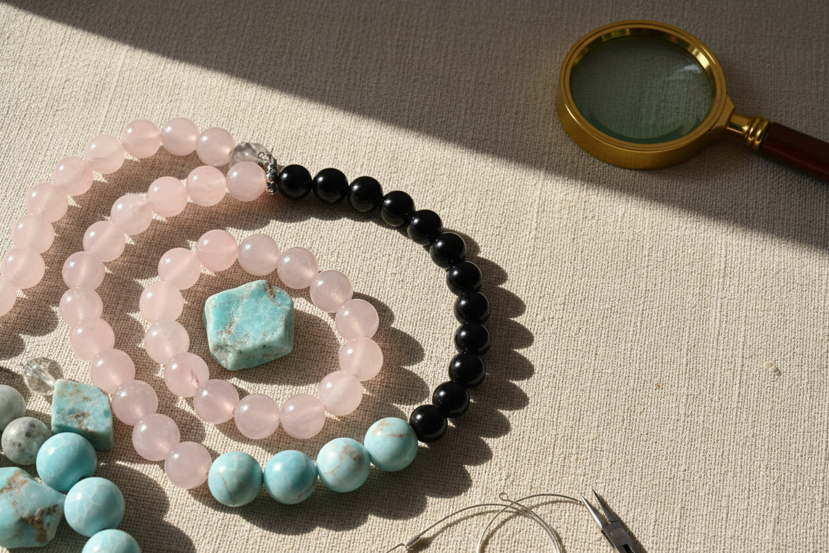 Rose quartz, black onyx and turquoise bead strands beside a magnifying glass for inspecting gemstones