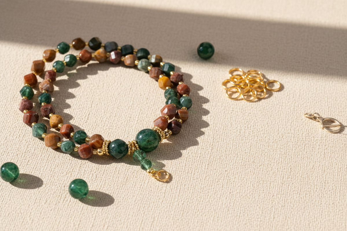 Coiled strands of green and earth-toned crystal beads beside scattered gold jewelry findings