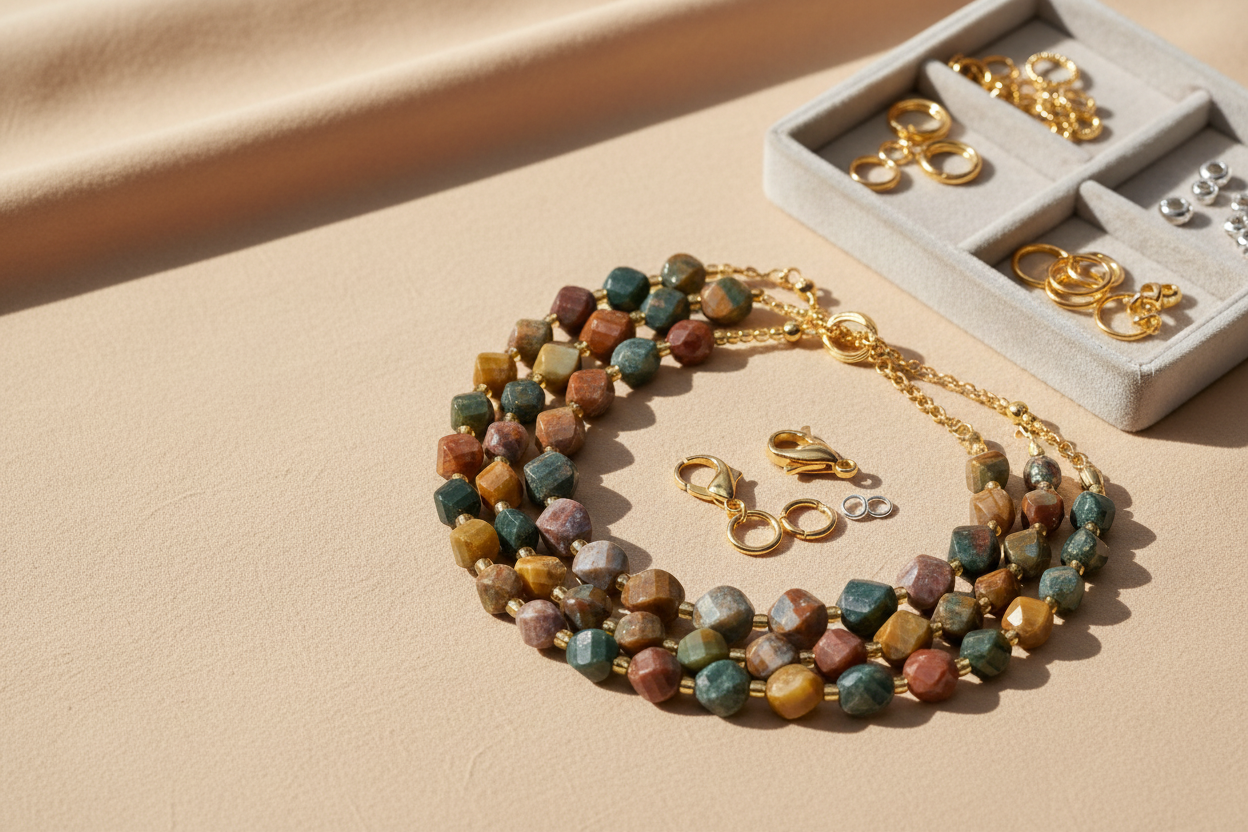 Ocean agate bead strand with gold clasps and jump rings beside a compartment tray of jewelry findings