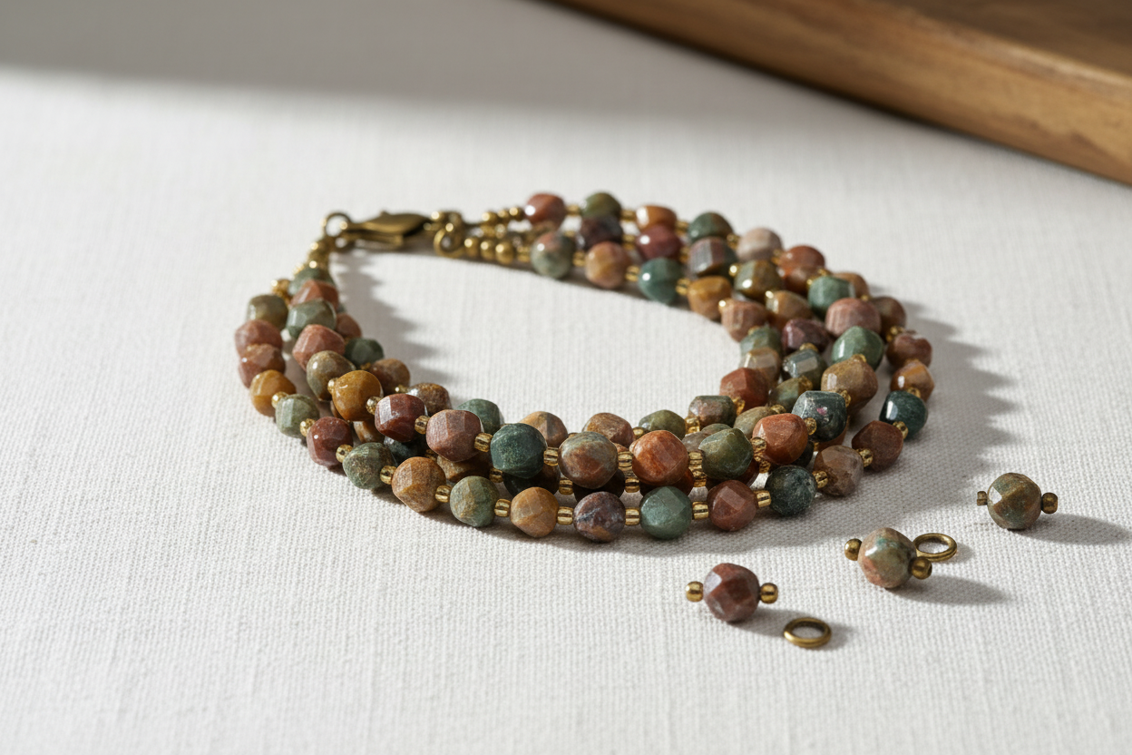 Multi-strand bracelet of ocean agate faceted beads in earth tones on white linen with loose beads beside it