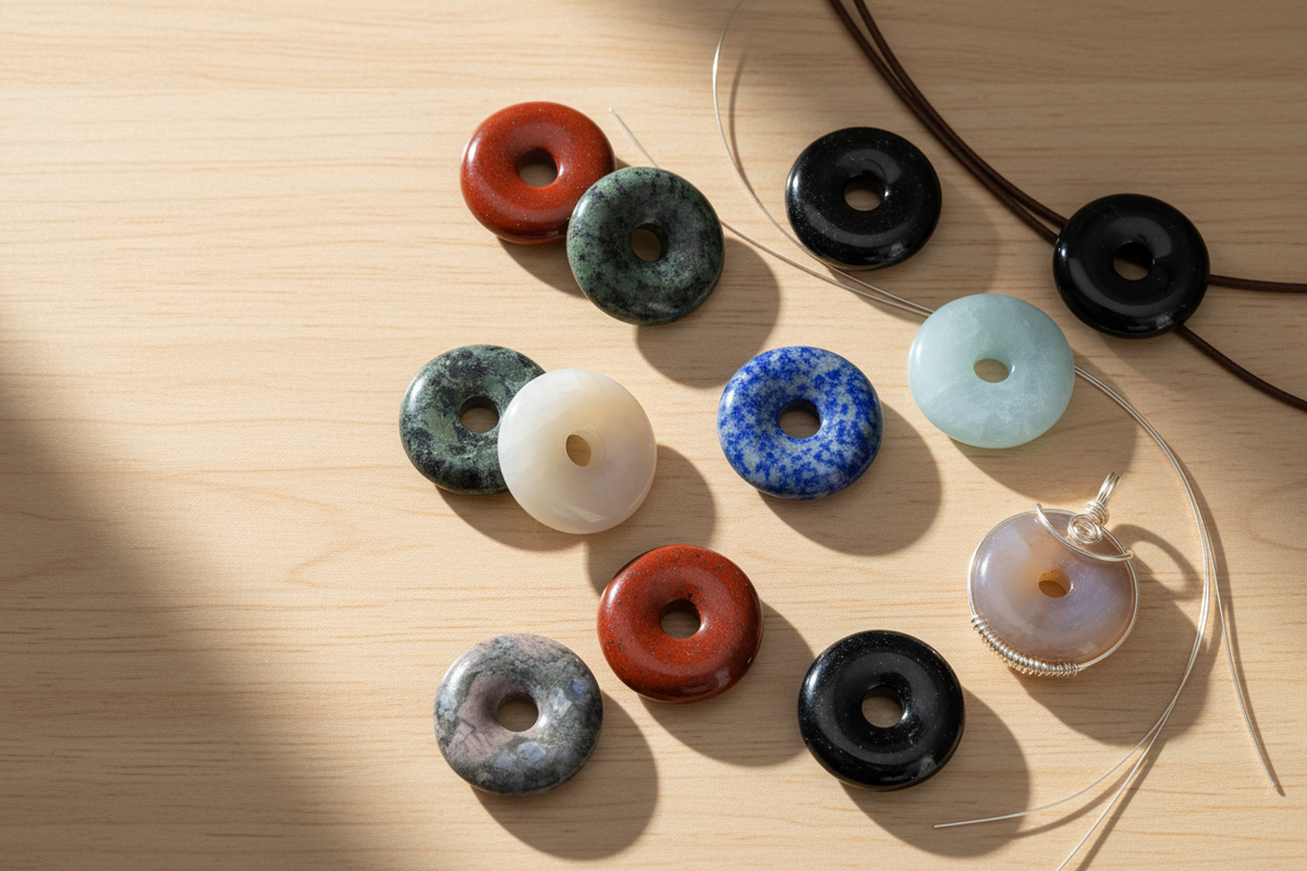 Round crystal donut beads in red, black, blue, white and aqua laid on wood with cord for stringing