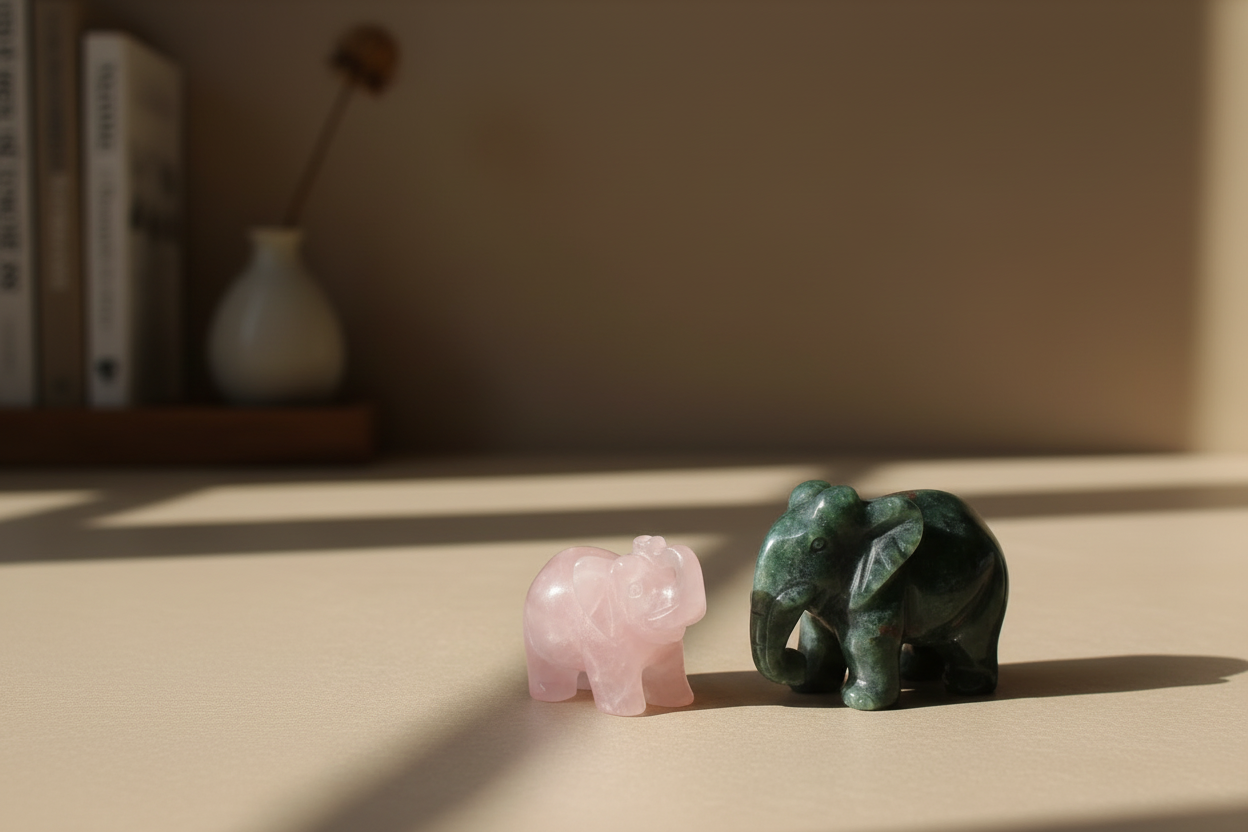 Two carved crystal elephant figurines side by side, a small rose quartz one and a larger dark green stone one