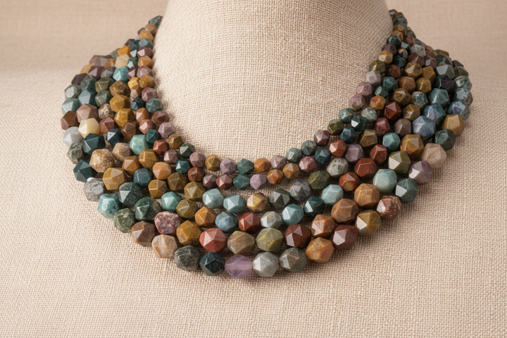 Multi-strand necklace of diamond star cut gemstone beads displayed on a fabric bust