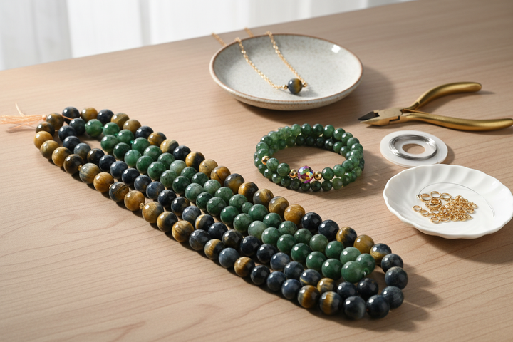 Mycrazycrystal gemstone and glass beads with jewelry-making tools, a bracelet, and a necklace
