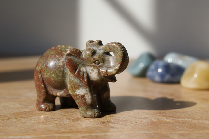 Hand-carved elephant figurine in mottled green and brown stone with polished tumbled stones behind it