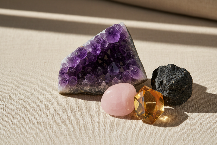An amethyst geode cluster with a rose quartz sphere, a faceted citrine stone and a piece of black volcanic rock