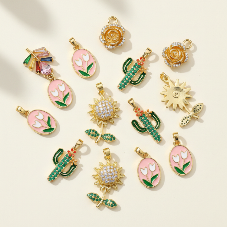 Mixed 18K gold plated flower and leaf charms, no pearl tulip