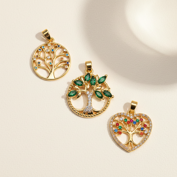 18K gold plated zirconia tree charms on warm ivory