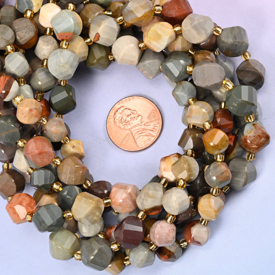 American Picture Jasper faceted spiral twist bead strands coiled around a US penny for size reference
