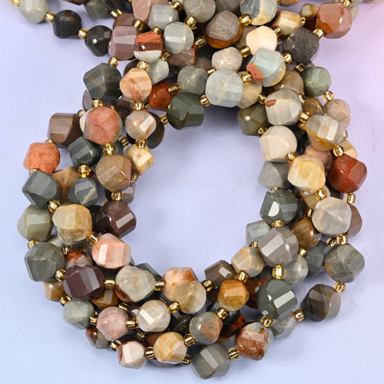 American Picture Jasper faceted spiral twist beads, close view of the coiled strands mixing grey-green, tan, peach and cream