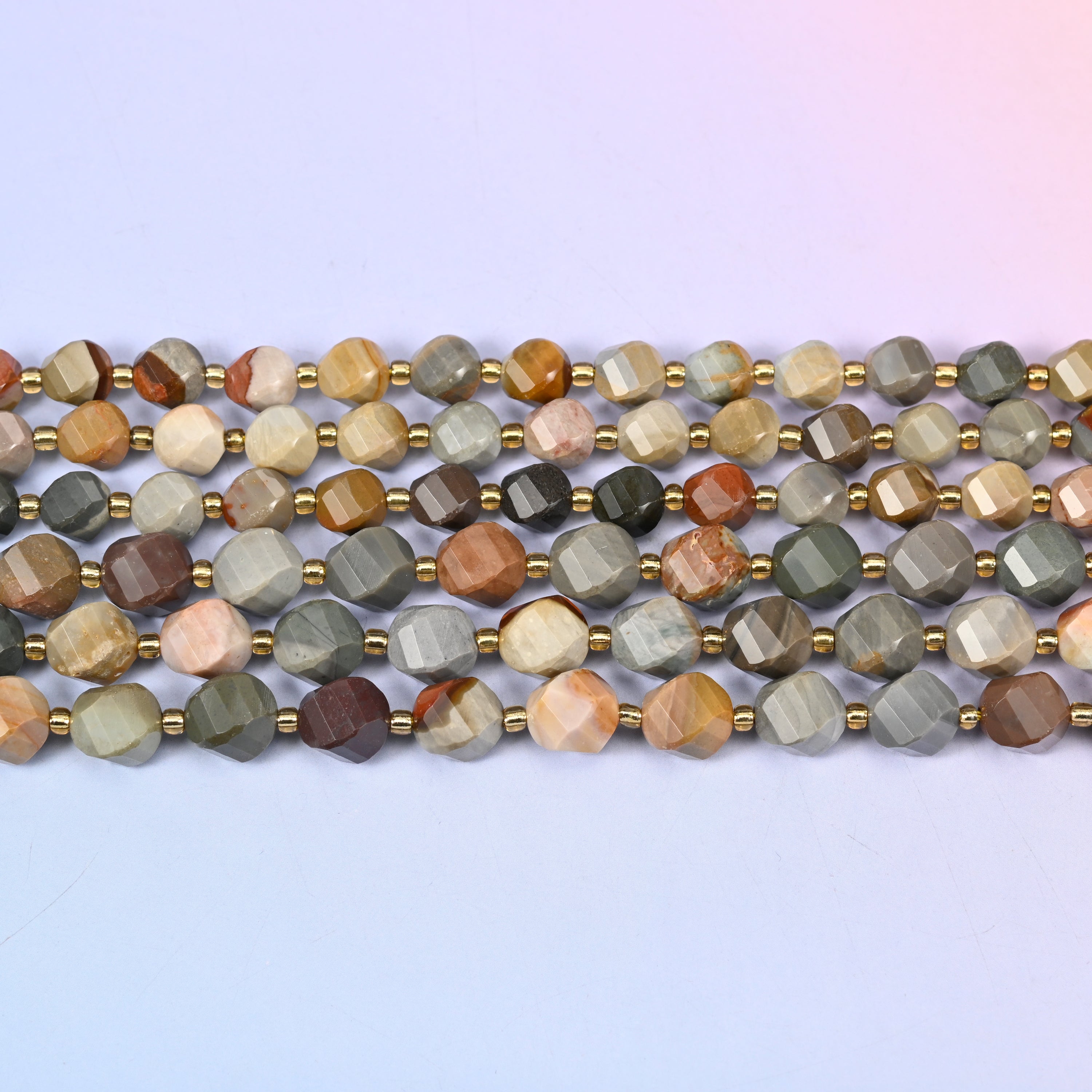 American Picture Jasper Faceted Spiral Twist Beads: Size 8mm 10mm, Jewelry Making, 15 inch Strand