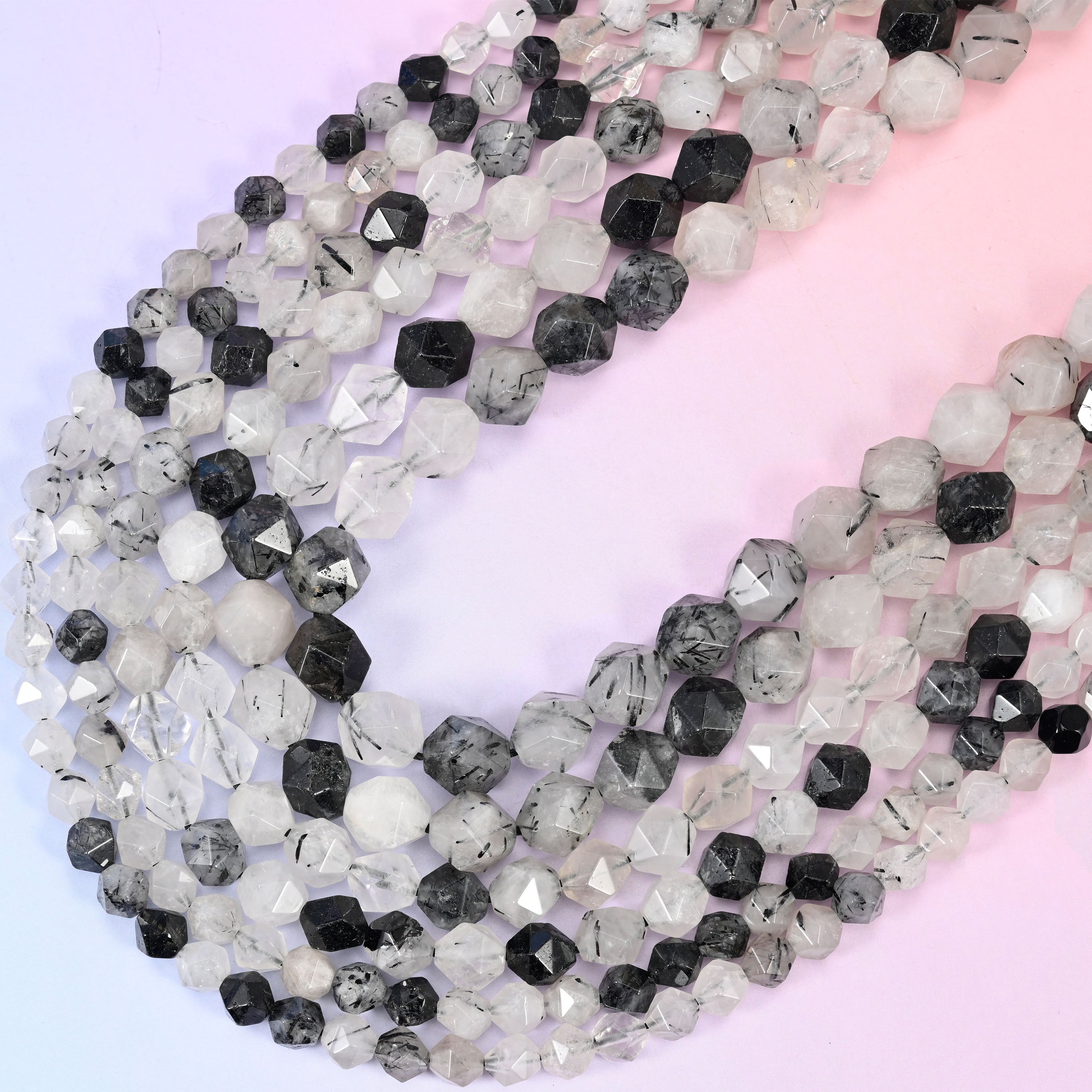 Black Rutilated Quartz Diamond Star Cut Beads 6mm 8mm 10mm Jewelry Making 15.5 Inch Strand