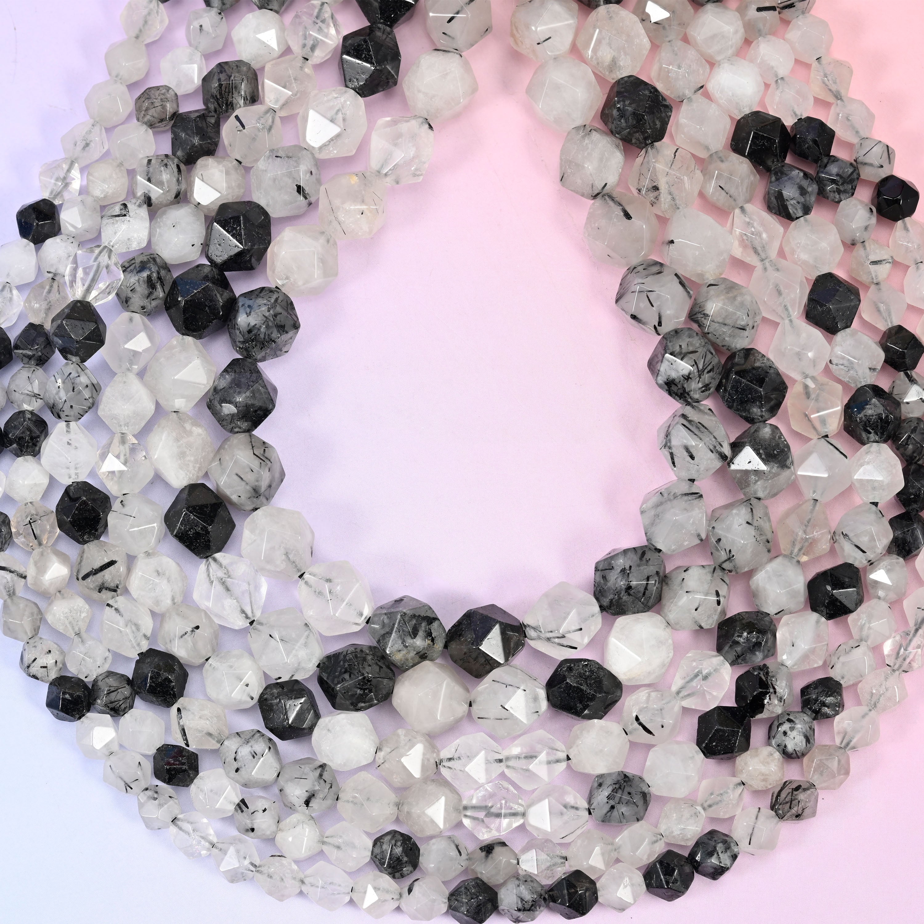 Black Rutilated Quartz Diamond Star Cut Beads 6mm 8mm 10mm Jewelry Making 15.5 Inch Strand