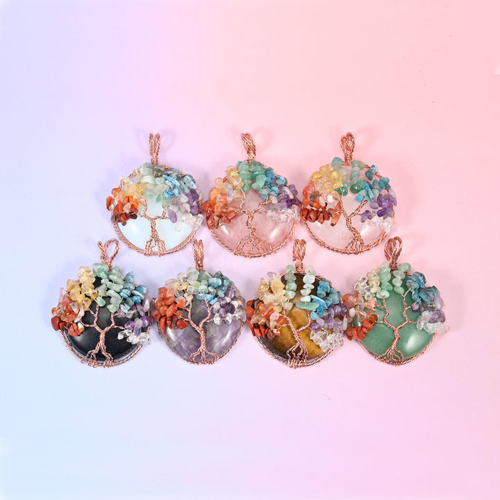Round Gemstone Pendant with Copper Wired Chakra Tree of Life