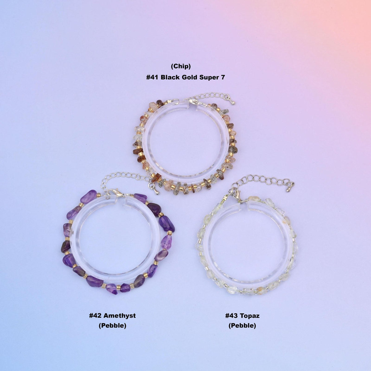 Three chip gemstone bead bracelets labelled number 41 Black Gold Super 7 in chip cut, number 42 Amethyst and number 43 Topaz in pebble cut, each with silver plated clasp and extender chain