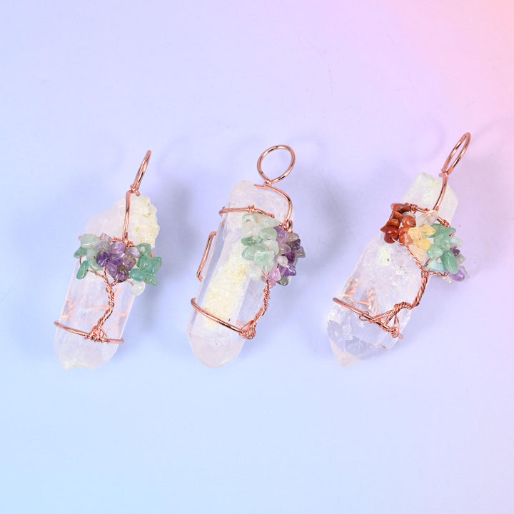 Clear Quartz Single Point Tower Pendants with Copper Wired Tree of Life
