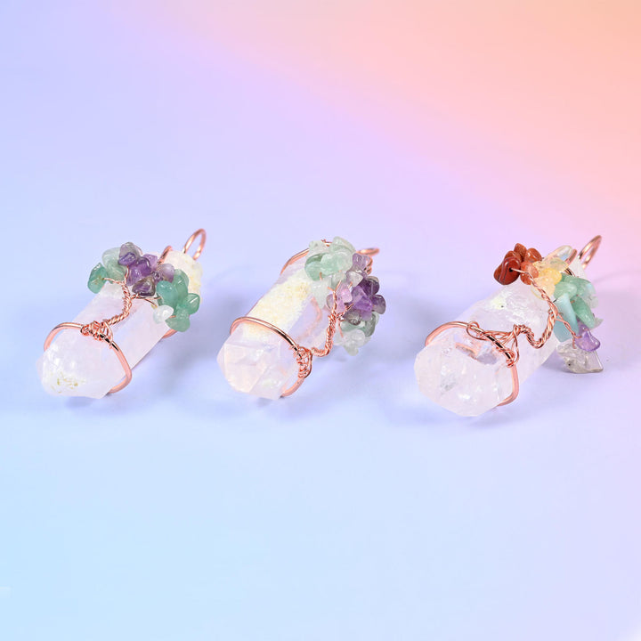 Clear Quartz Single Point Tower Pendants with Copper Wired Tree of Life